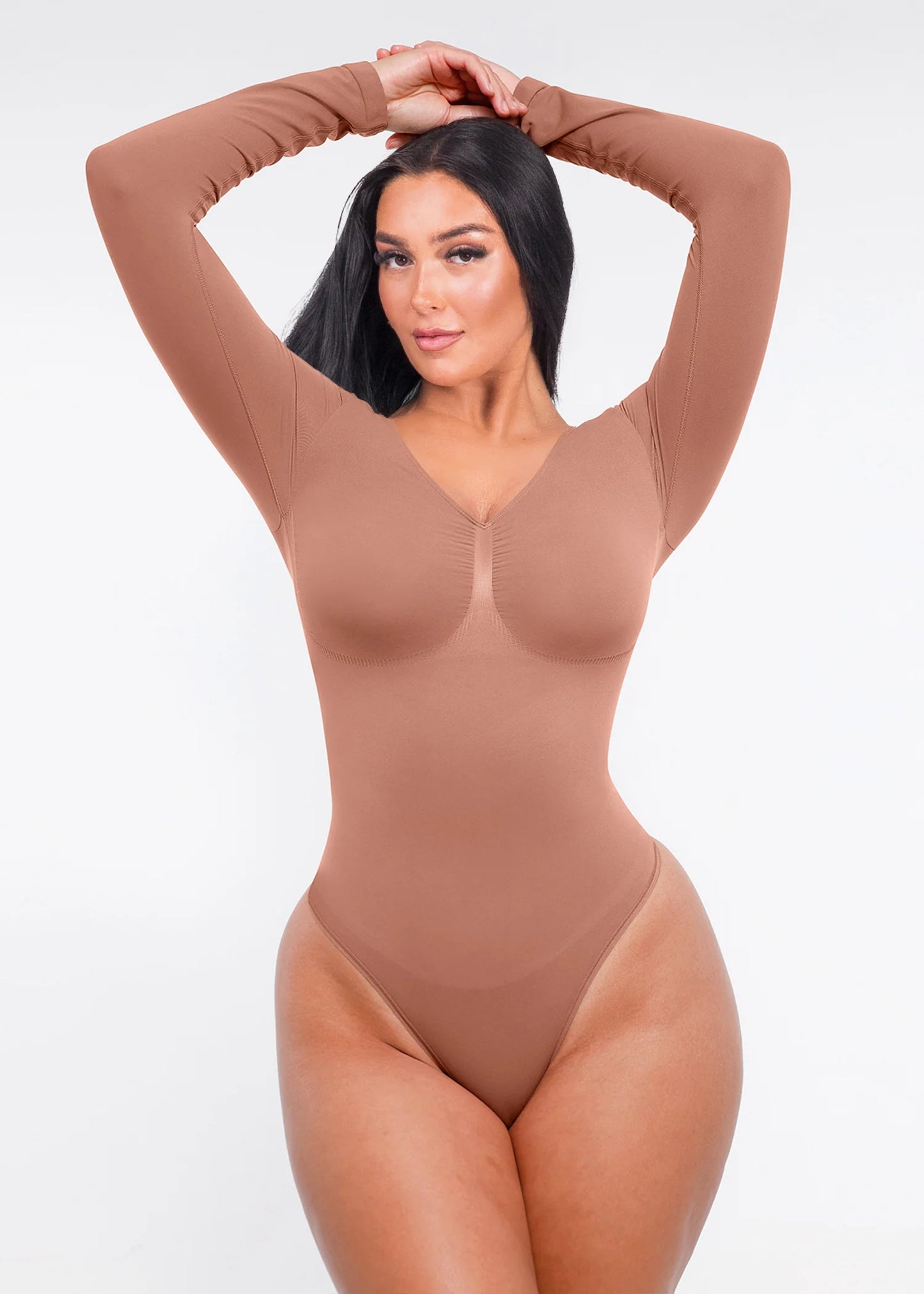 Seamless Long Sleeve Thong Bodysuit with Chest Support & Tummy Control