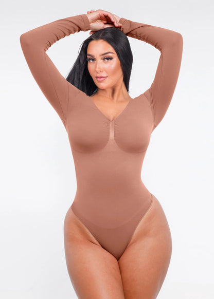 Seamless Long Sleeve Thong Bodysuit with Chest Support & Tummy Control