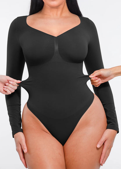 Seamless Long Sleeve Thong Bodysuit with Chest Support & Tummy Control