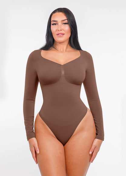 Seamless Long Sleeve Thong Bodysuit with Chest Support & Tummy Control