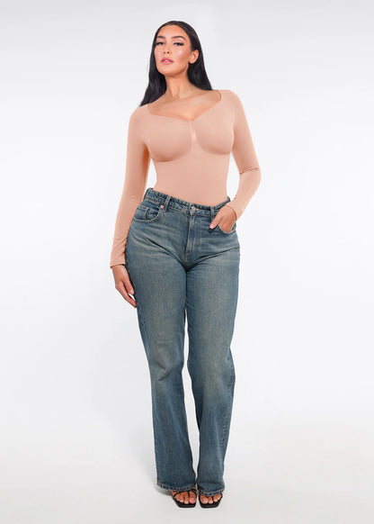 Seamless Long Sleeve Thong Bodysuit with Chest Support & Tummy Control