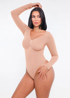 Seamless Long Sleeve Thong Bodysuit with Chest Support & Tummy Control