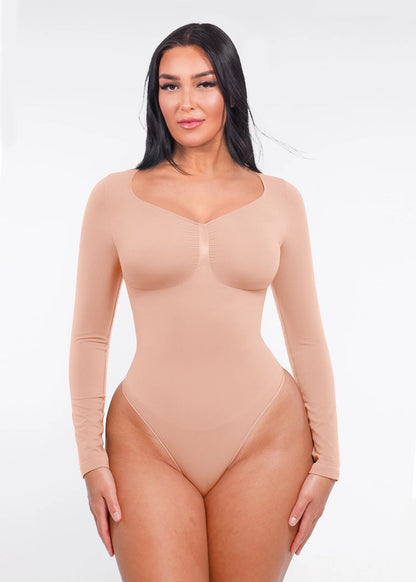 Seamless Long Sleeve Thong Bodysuit with Chest Support & Tummy Control